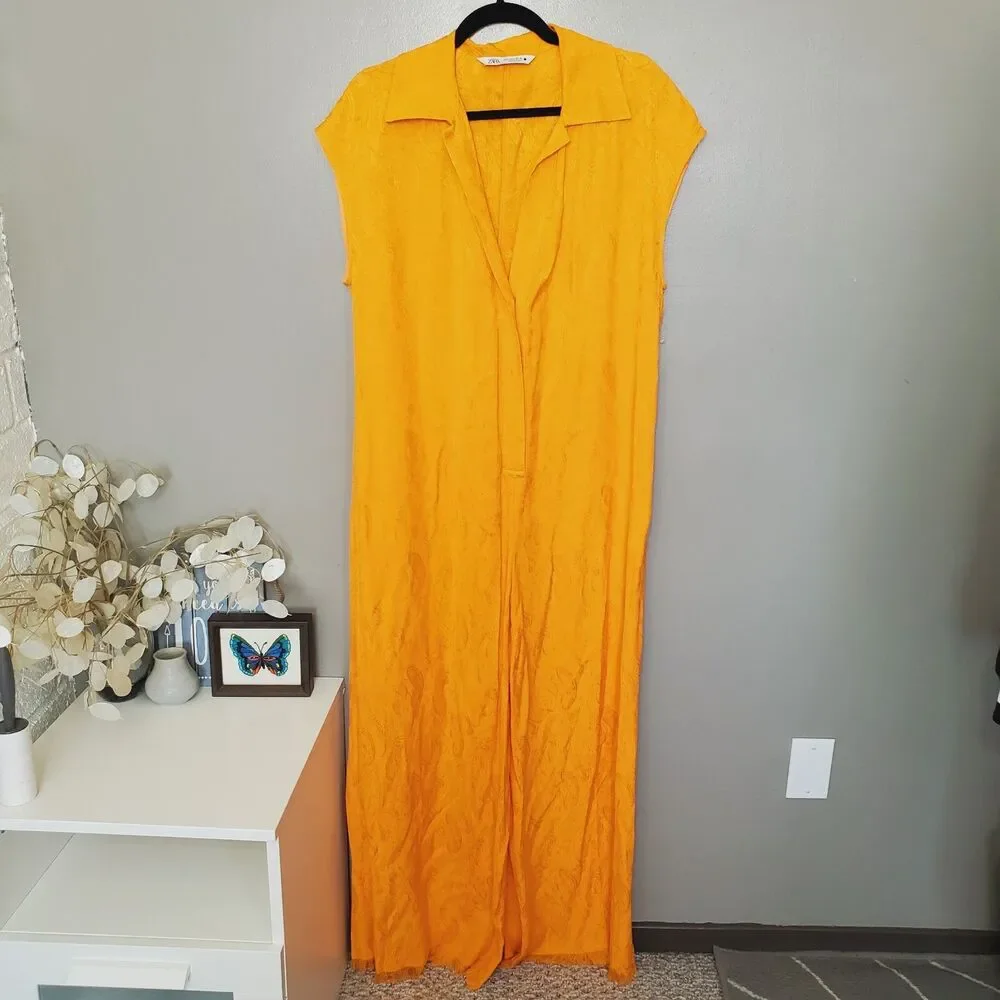 Zara Jumpsuit Womens Size Large Orange Yellow Jacquard Full Length Frayed Hem - Picture 2 of 11